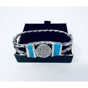 Vintage Sterling Silver Aztec Calendar Disc Hinged Bracelet